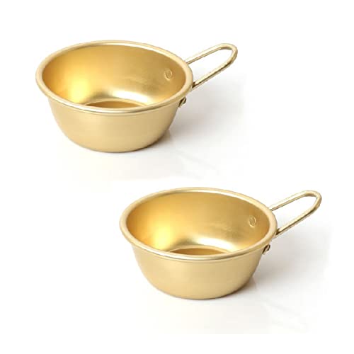 2 Pcs Korean Traditional Raw Rice Wine Bowls Korean Makgeolli Dongdongju Hiking Soup Dish Aluminum Yellow Made in Korea BC233 (Handle, Small 2 Pcs) (ZEESOON)