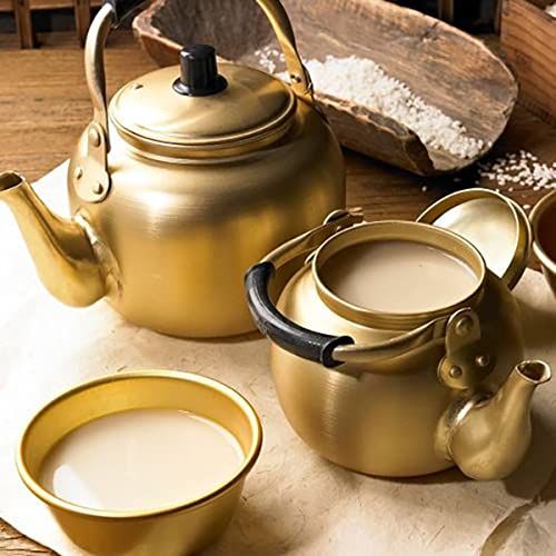 2 Pcs Korean Traditional Raw Rice Wine Bowls Korean Makgeolli Dongdongju Hiking Soup Dish Aluminum Yellow Made in Korea BC233 (Handle, Small 2 Pcs) (ZEESOON)