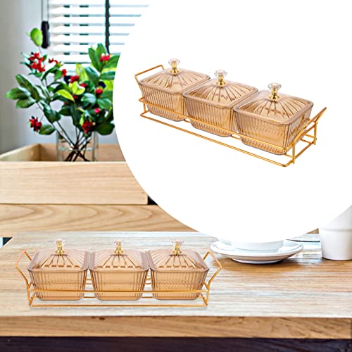 Cabilock Serving Bowls Condiment Serving Tray 3 Clear Appetizer Bowls Set with Iron Rack Chip Dips Snack Dish Buffet Server Food Display Relish Platter for Fruit Dessert Nuts Candy Decorative Tray