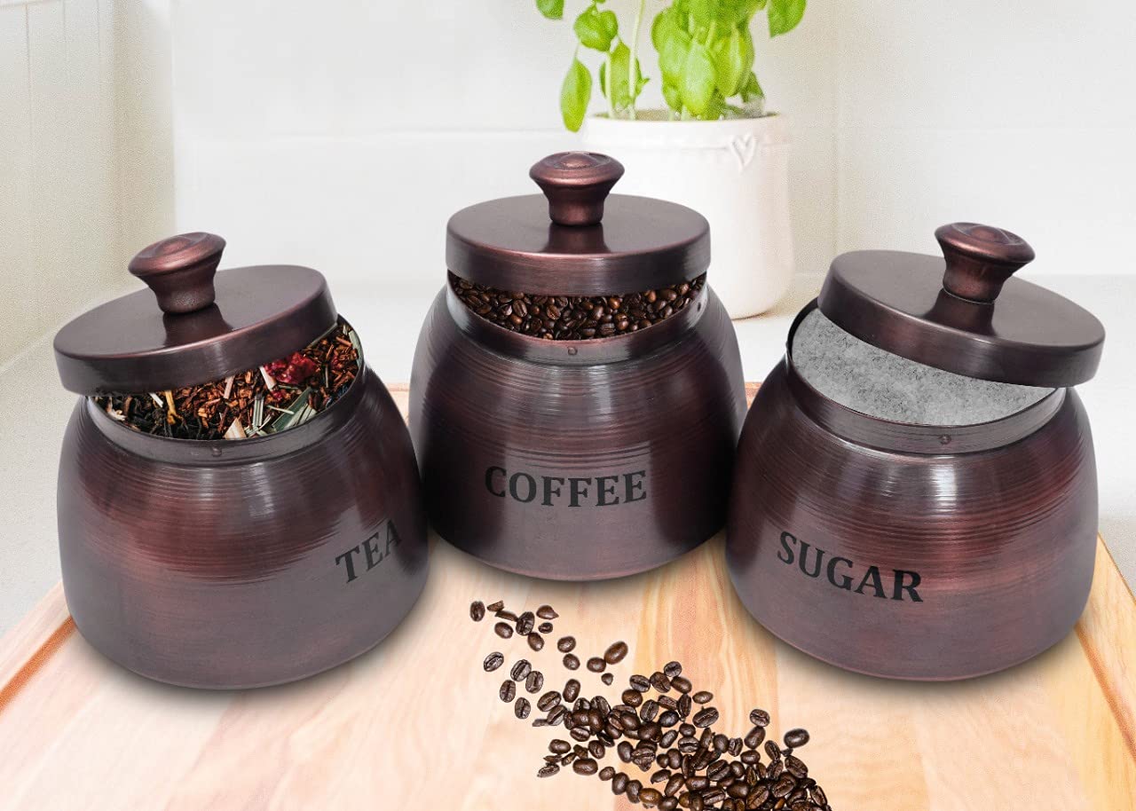 Cattle Design Coffee Sugar Tea Canister Set of 3 - Galvanized Metal - Beautiful Fancy Elegant Decorative Food Storage Jars Perfect for Farmhouse Countertop Kitchen Décor - 5 Inch - Copper Antique