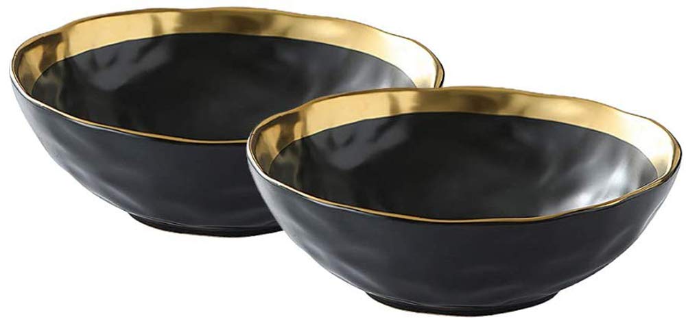 KKGUD Vintage Ceramic Cereal Bowls for Soup Cereal Rice Salad Noodles- Elegant Gold Edged Design, Black, Set of 2 (7.8 inches)