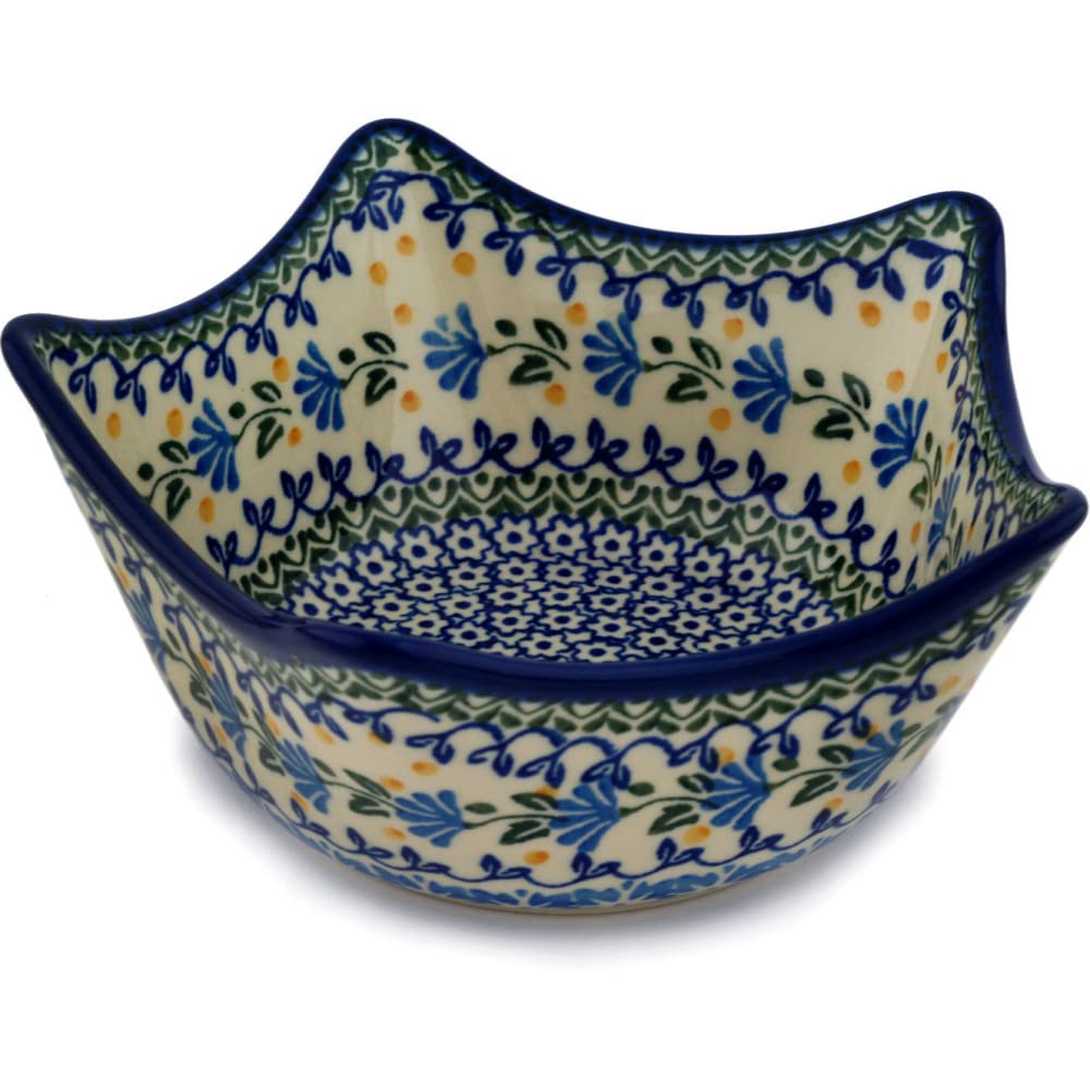 Authentic Polish Pottery 7-inch Bowl made by Ceramika Artystyczna (Blue Fan Flowers Theme) + Certificate of Authenticity