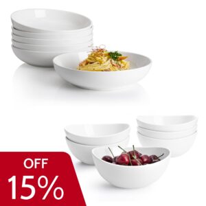 sweese pasta bowls 22 ounce salad white serving bowls set of 6 + 6 inch/18 oz porcelain bowls set of 6 white
