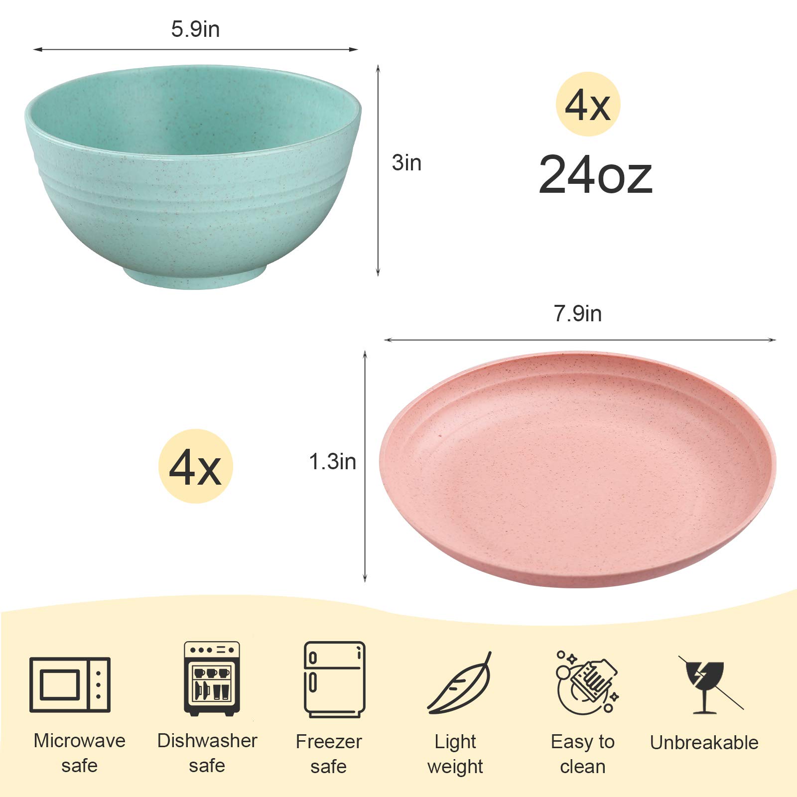 Wheat Straw Dinnerware Set Unbreakable Lightweight Cereal Plates and Bowls Sets Microwave Dishwasher Safe Reusable Eco Friendly Tableware for Kids Adults, Service for 4
