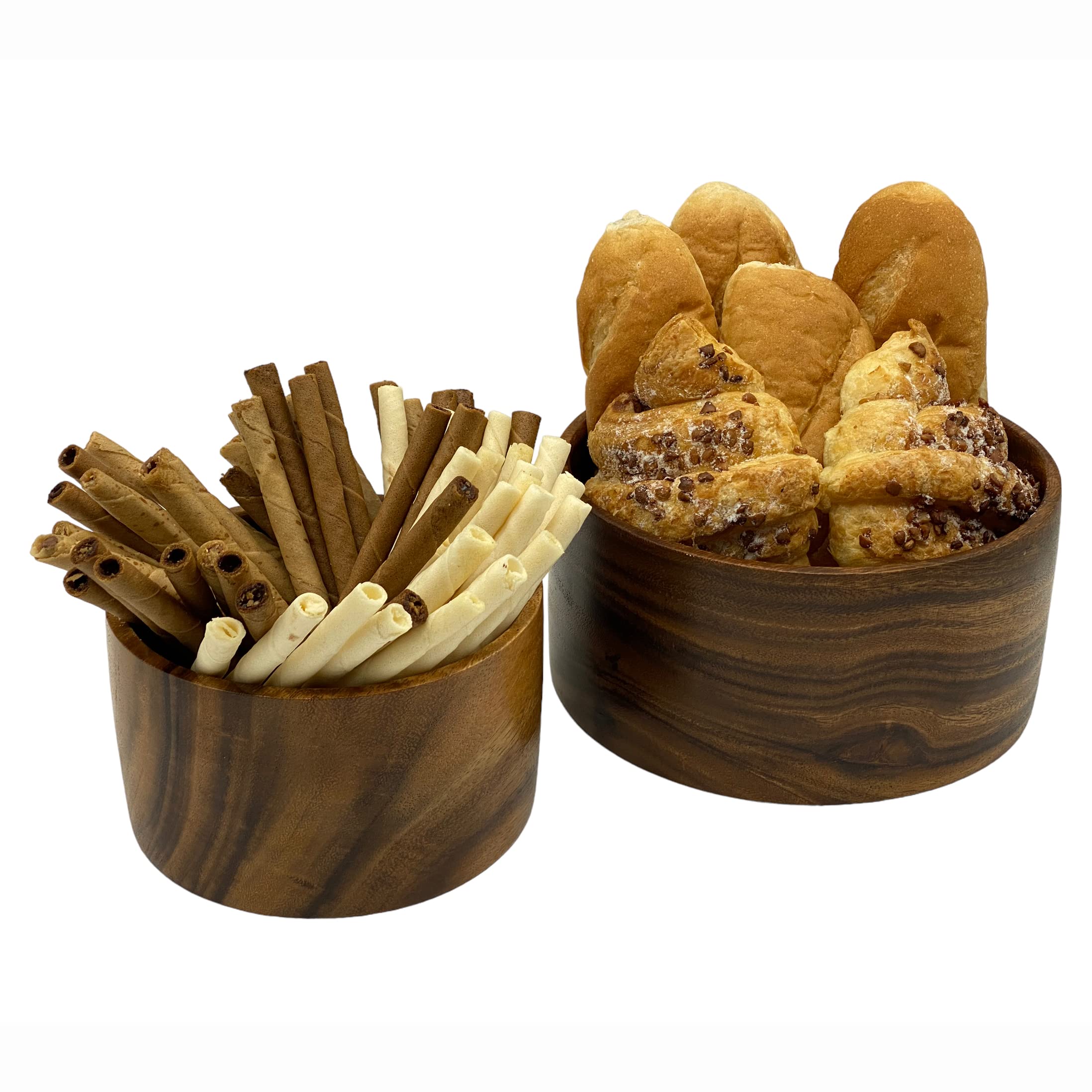 WRIGHTMART Round Wood Serving Bowl Set of 2, For Food, Condiment Storage, Salad, Snack, Nuts, Bread, Pastries, Hand Turned Dinnerware, Elegant Display, Decorative Fruit Bowl for the Kitchen