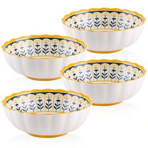 bozopion 22 oz ceramic soup bowls,set of 4,wavy rim pattern porcelain bowls for kitchen,white blue and yellow cereal bowls