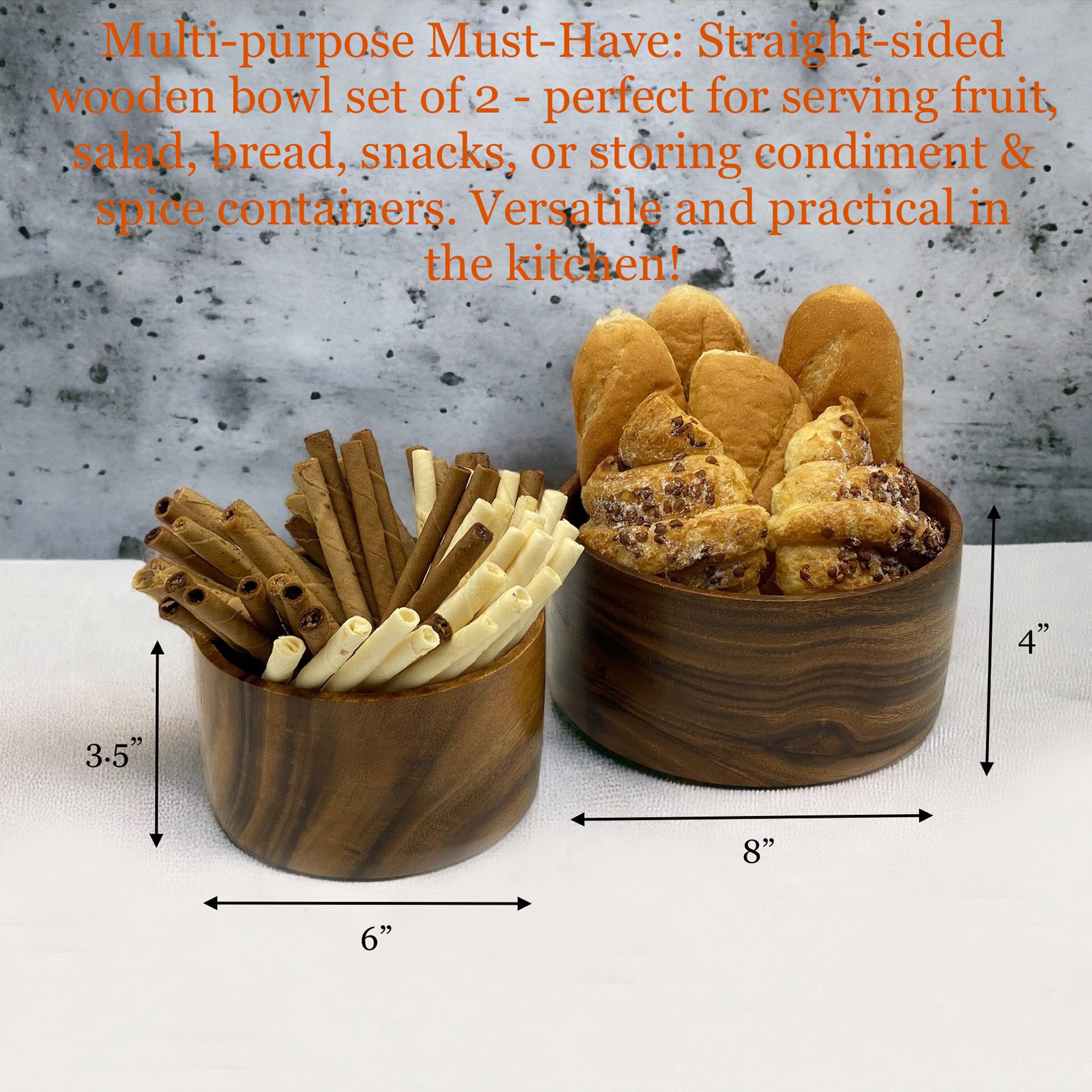 WRIGHTMART Round Wood Serving Bowl Set of 2, For Food, Condiment Storage, Salad, Snack, Nuts, Bread, Pastries, Hand Turned Dinnerware, Elegant Display, Decorative Fruit Bowl for the Kitchen