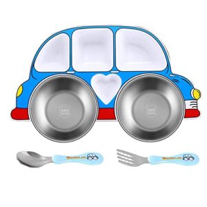 divided plate and bowl set,bpa free meal snack plate,dinnerware eating supplies kitchen utensils,6 pieces with spoon fork and lid,car-shaped by lrrjhtac, blue