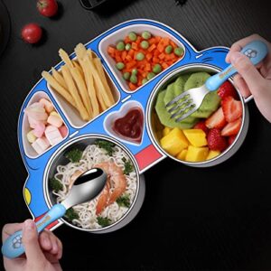 Divided Plate and Bowl Set,BPA Free Meal Snack Plate,Dinnerware Eating Supplies Kitchen Utensils,6 Pieces with Spoon Fork and Lid,Car-shaped by lrrjhtac, Blue