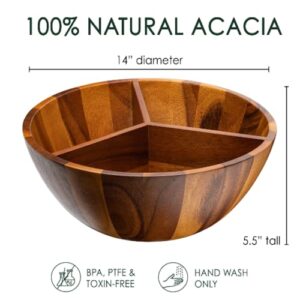 EVERGRO SEQUOIA & CO Wooden Bowl Triple Divided Salad Bowl - 14" Large Acacia Wood Serving Bowl for Food, Fruit, Popcorn - Round Hardwood Divided Bowls for Rustic, Modern Home & Kitchen Counter Décor