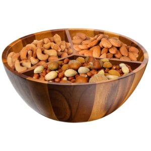 EVERGRO SEQUOIA & CO Wooden Bowl Triple Divided Salad Bowl - 14" Large Acacia Wood Serving Bowl for Food, Fruit, Popcorn - Round Hardwood Divided Bowls for Rustic, Modern Home & Kitchen Counter Décor