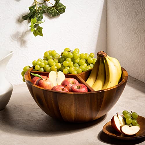 EVERGRO SEQUOIA & CO Wooden Bowl Triple Divided Salad Bowl - 14" Large Acacia Wood Serving Bowl for Food, Fruit, Popcorn - Round Hardwood Divided Bowls for Rustic, Modern Home & Kitchen Counter Décor