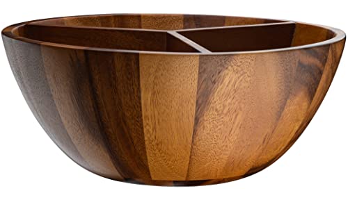 EVERGRO SEQUOIA & CO Wooden Bowl Triple Divided Salad Bowl - 14" Large Acacia Wood Serving Bowl for Food, Fruit, Popcorn - Round Hardwood Divided Bowls for Rustic, Modern Home & Kitchen Counter Décor