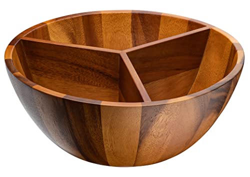 EVERGRO SEQUOIA & CO Wooden Bowl Triple Divided Salad Bowl - 14" Large Acacia Wood Serving Bowl for Food, Fruit, Popcorn - Round Hardwood Divided Bowls for Rustic, Modern Home & Kitchen Counter Décor