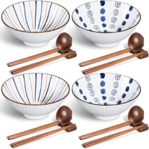 4 sets ceramic japanese ramen bowls 40 ounce large ceramic noodle serving bowl with spoons, chopsticks and chopstick stands for soup, cereal, rice, udon, asian noodles, blue and white (stripe style)