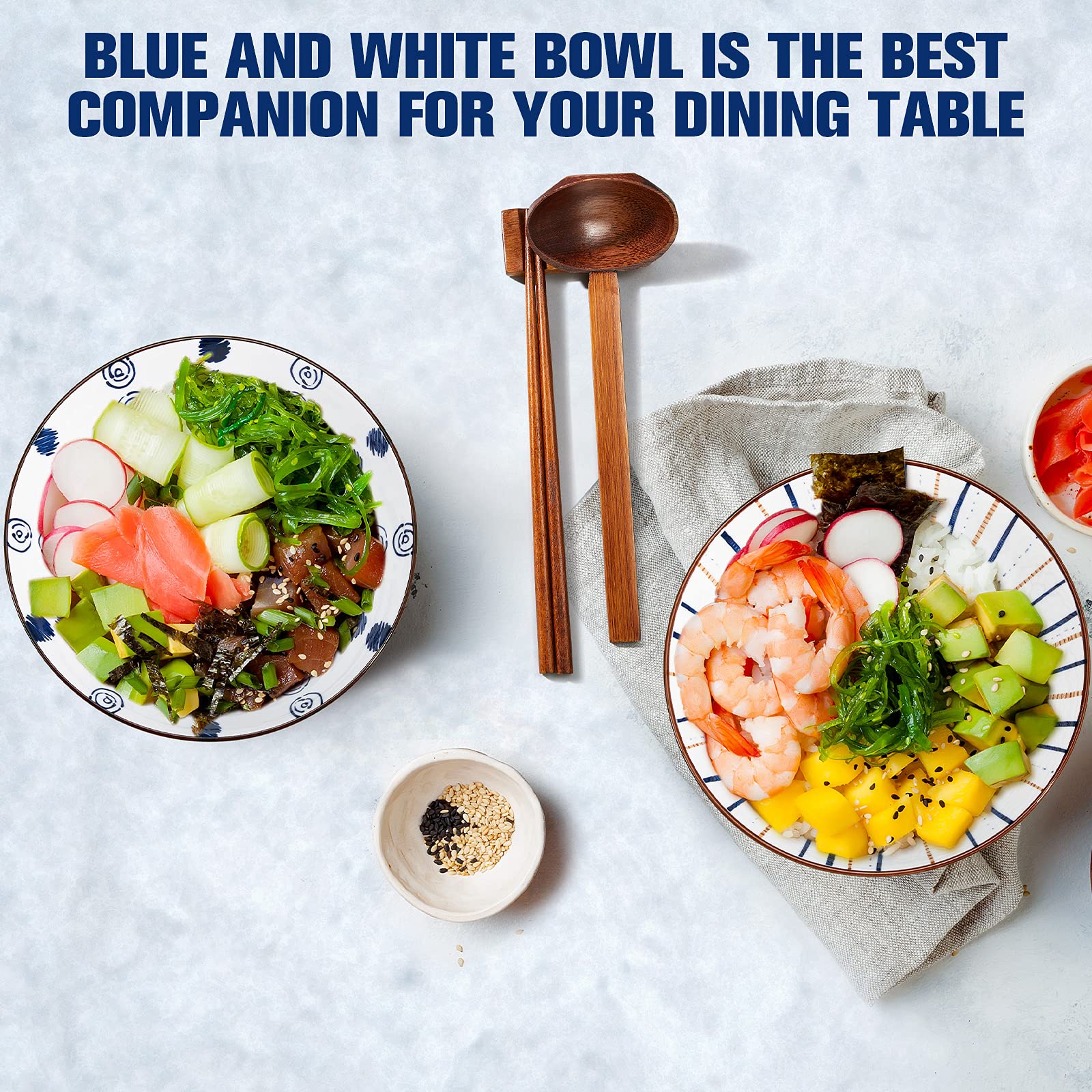4 Sets Ceramic Japanese Ramen Bowls 40 Ounce Large Ceramic Noodle Serving Bowl with Spoons, Chopsticks and Chopstick Stands for Soup, Cereal, Rice, Udon, Asian Noodles, Blue and White (Stripe Style)