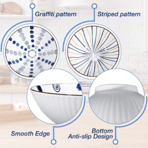 4 Sets Ceramic Japanese Ramen Bowls 40 Ounce Large Ceramic Noodle Serving Bowl with Spoons, Chopsticks and Chopstick Stands for Soup, Cereal, Rice, Udon, Asian Noodles, Blue and White (Stripe Style)