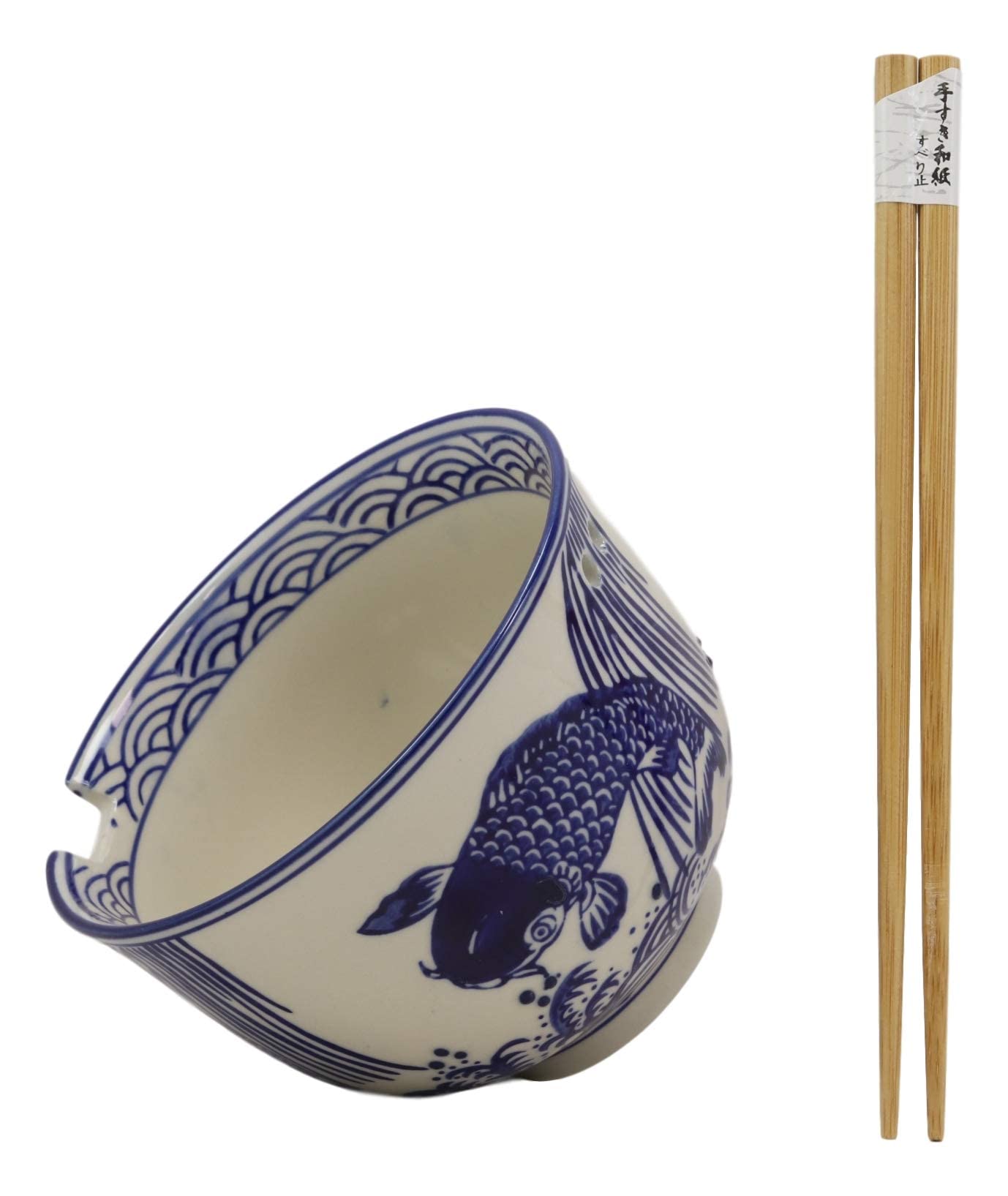 Ebros Ming Style Zen Blue White Koi Fishes By Waterfall Ramen Udong Noodles 5" Diameter Bowl With Built In Chopsticks Rest and Bamboo Chopstick Set for Dining Soup Rice Meal Cereal Bowls Decor Kitchen