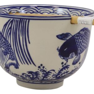 Ebros Ming Style Zen Blue White Koi Fishes By Waterfall Ramen Udong Noodles 5" Diameter Bowl With Built In Chopsticks Rest and Bamboo Chopstick Set for Dining Soup Rice Meal Cereal Bowls Decor Kitchen