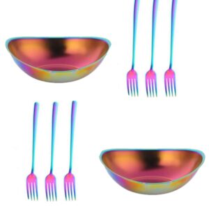 jyjfgsfa rainbow metal salad bowl and fork set, reusable 304 stainless steel large serving snack bowl sets for pasta, cereal, popcorn, snack, easy to clean and dishwasher safe