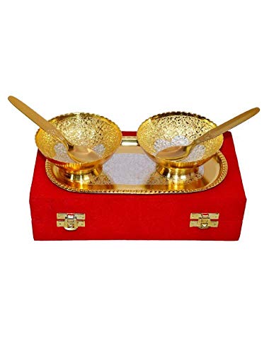 DBY Silver and Gold color Plated Bowl Set with Spoon Tray Come with Gift Pack Dry Fruits Gift Item Serving Bowl Brass Bowl Gold Plated Brass Bowls Set