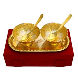 DBY Silver and Gold color Plated Bowl Set with Spoon Tray Come with Gift Pack Dry Fruits Gift Item Serving Bowl Brass Bowl Gold Plated Brass Bowls Set