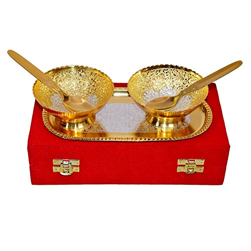 DBY Silver and Gold color Plated Bowl Set with Spoon Tray Come with Gift Pack Dry Fruits Gift Item Serving Bowl Brass Bowl Gold Plated Brass Bowls Set