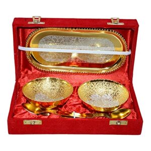 DBY Silver and Gold color Plated Bowl Set with Spoon Tray Come with Gift Pack Dry Fruits Gift Item Serving Bowl Brass Bowl Gold Plated Brass Bowls Set