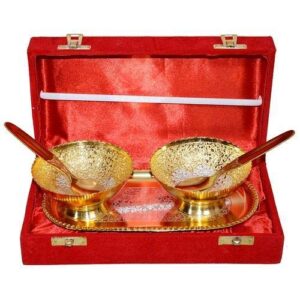 DBY Silver and Gold color Plated Bowl Set with Spoon Tray Come with Gift Pack Dry Fruits Gift Item Serving Bowl Brass Bowl Gold Plated Brass Bowls Set