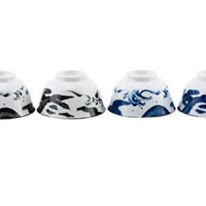 Authentic Japanese Porcelain Rice Bowl Set of 4 Oriental Dragon Blue and Black Gift Set Made In Japan (5"D x 2.75H)