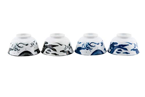 Authentic Japanese Porcelain Rice Bowl Set of 4 Oriental Dragon Blue and Black Gift Set Made In Japan (5"D x 2.75H)