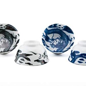 Authentic Japanese Porcelain Rice Bowl Set of 4 Oriental Dragon Blue and Black Gift Set Made In Japan (5"D x 2.75H)