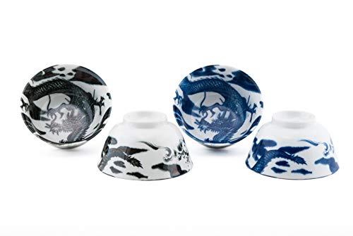 Authentic Japanese Porcelain Rice Bowl Set of 4 Oriental Dragon Blue and Black Gift Set Made In Japan (5"D x 2.75H)