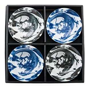 Authentic Japanese Porcelain Rice Bowl Set of 4 Oriental Dragon Blue and Black Gift Set Made In Japan (5"D x 2.75H)