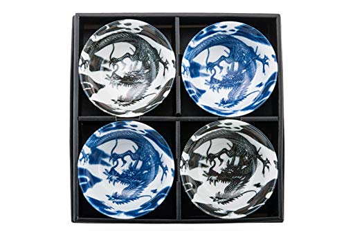 Authentic Japanese Porcelain Rice Bowl Set of 4 Oriental Dragon Blue and Black Gift Set Made In Japan (5"D x 2.75H)