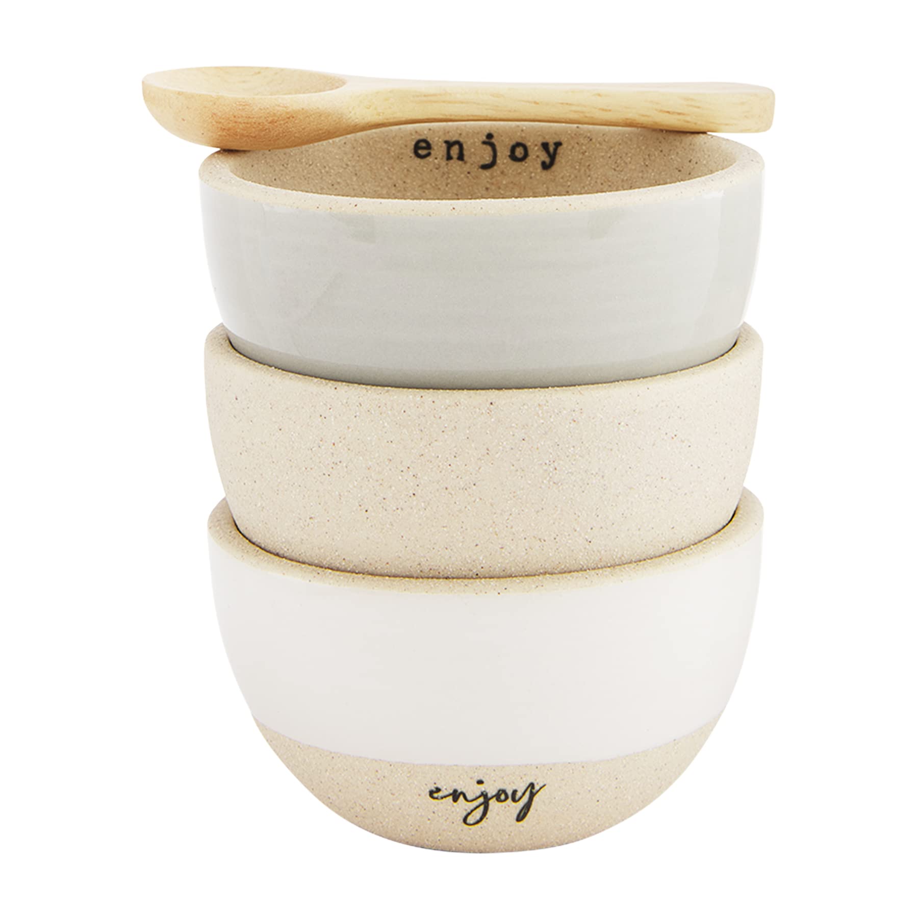 Mud Pie Stoneware Ramekin Set, bowl 2"H x 3"dia | spoon 3.5" long, Enjoy