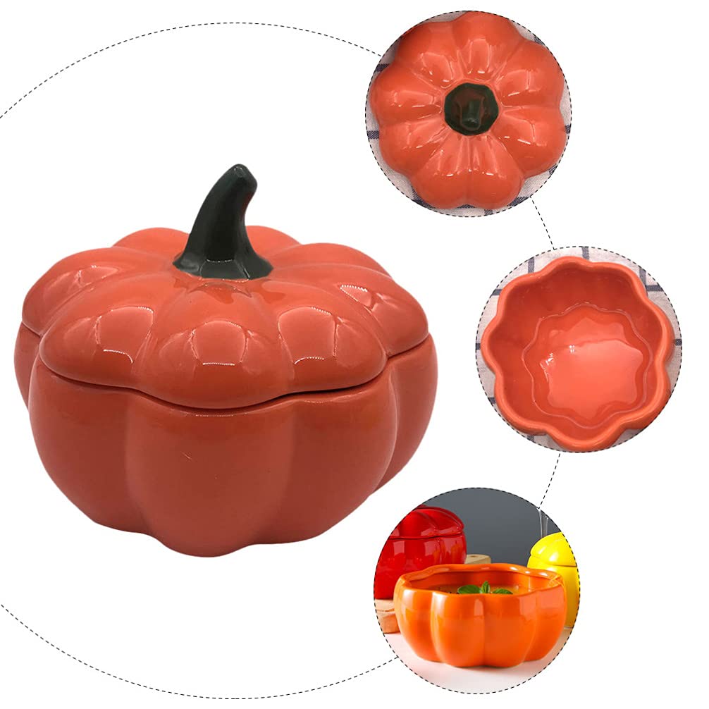 Yardwe Ceramic Pumpkin Soup Bowl with Lid Christmas Porcelain Pumpkin Shape Sugar Bowl Storage Jar Seasoning Pot Kitchen Gadget Steamed Can Bowl Orange