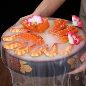 Hemoton Japanese Sushi Tray Dip On Ice Bowl Round Sushi Serving Tray Japanese Style Seafood Sashimi Plate Salad Dessert Dip Chiller Ice Chamber Bowl for Restaurant Picnics Parties Snack Food Plate