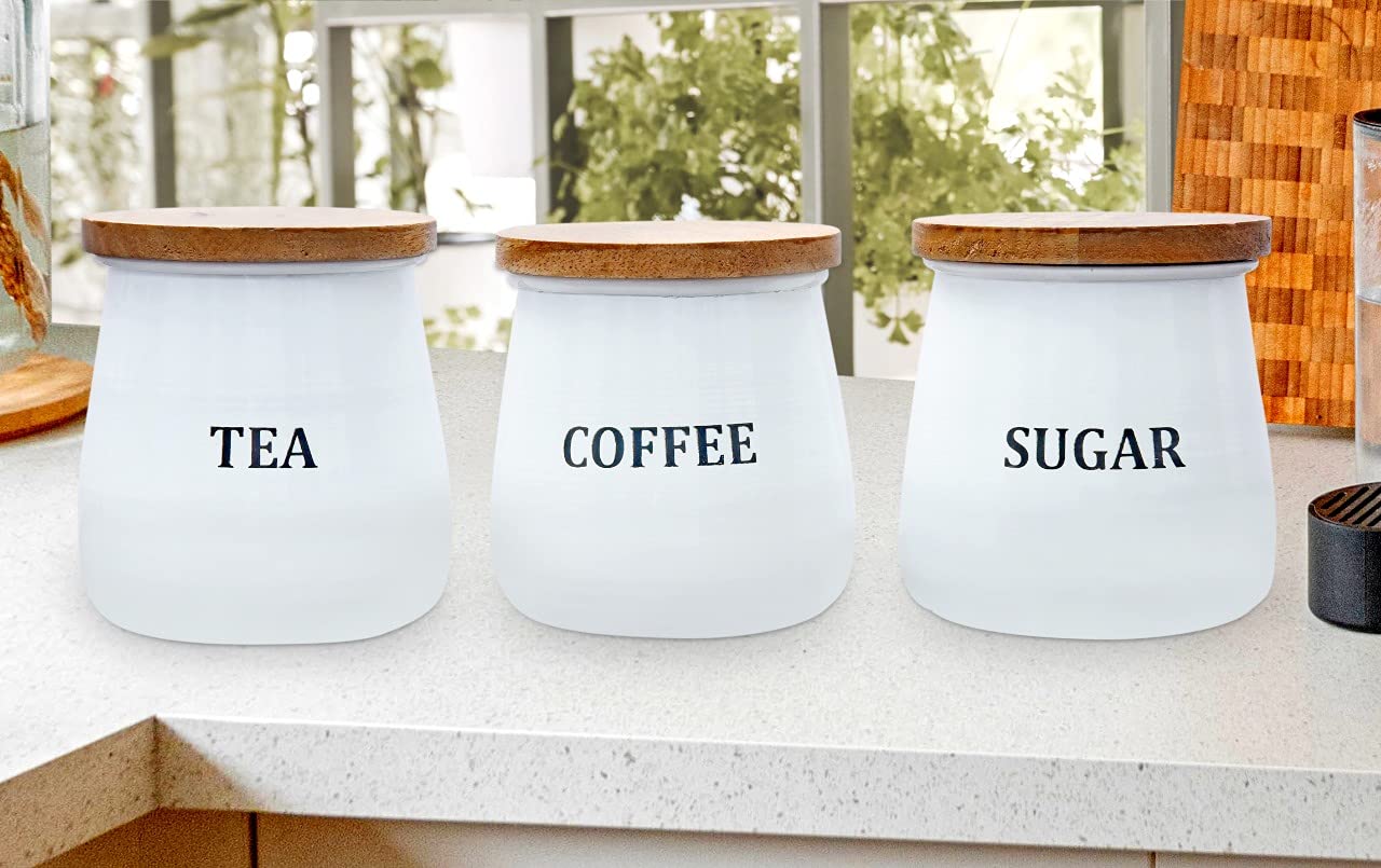 White Coffee Sugar Tea Canister Set of 3 - Galvanized Metal Container With Wooden Lid - Beautiful Fancy Elegant Decorative Food Storage Jars Perfect for Farmhouse Kitchen Décor Restaurant - 4.25 Inch