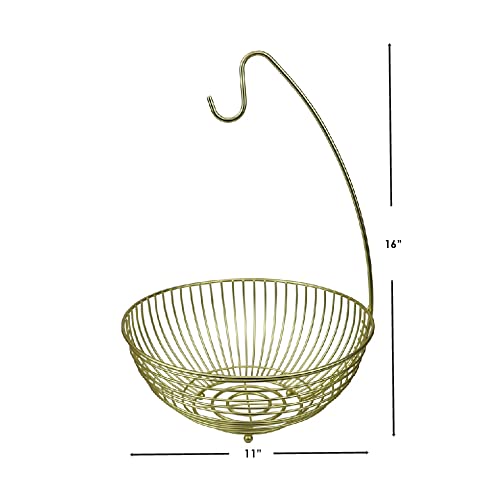 Linen Store Fruit Bowl, Wire Basket with Banana Holder Hook Kitchen Counter Top Organizer Perfect for Storing Fruits, Veggies, Pastries Sturdy Steel - Gold