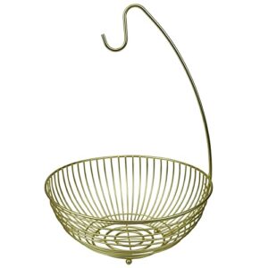 linen store fruit bowl, wire basket with banana holder hook kitchen counter top organizer perfect for storing fruits, veggies, pastries sturdy steel - gold