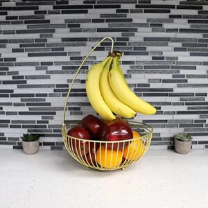 Linen Store Fruit Bowl, Wire Basket with Banana Holder Hook Kitchen Counter Top Organizer Perfect for Storing Fruits, Veggies, Pastries Sturdy Steel - Gold