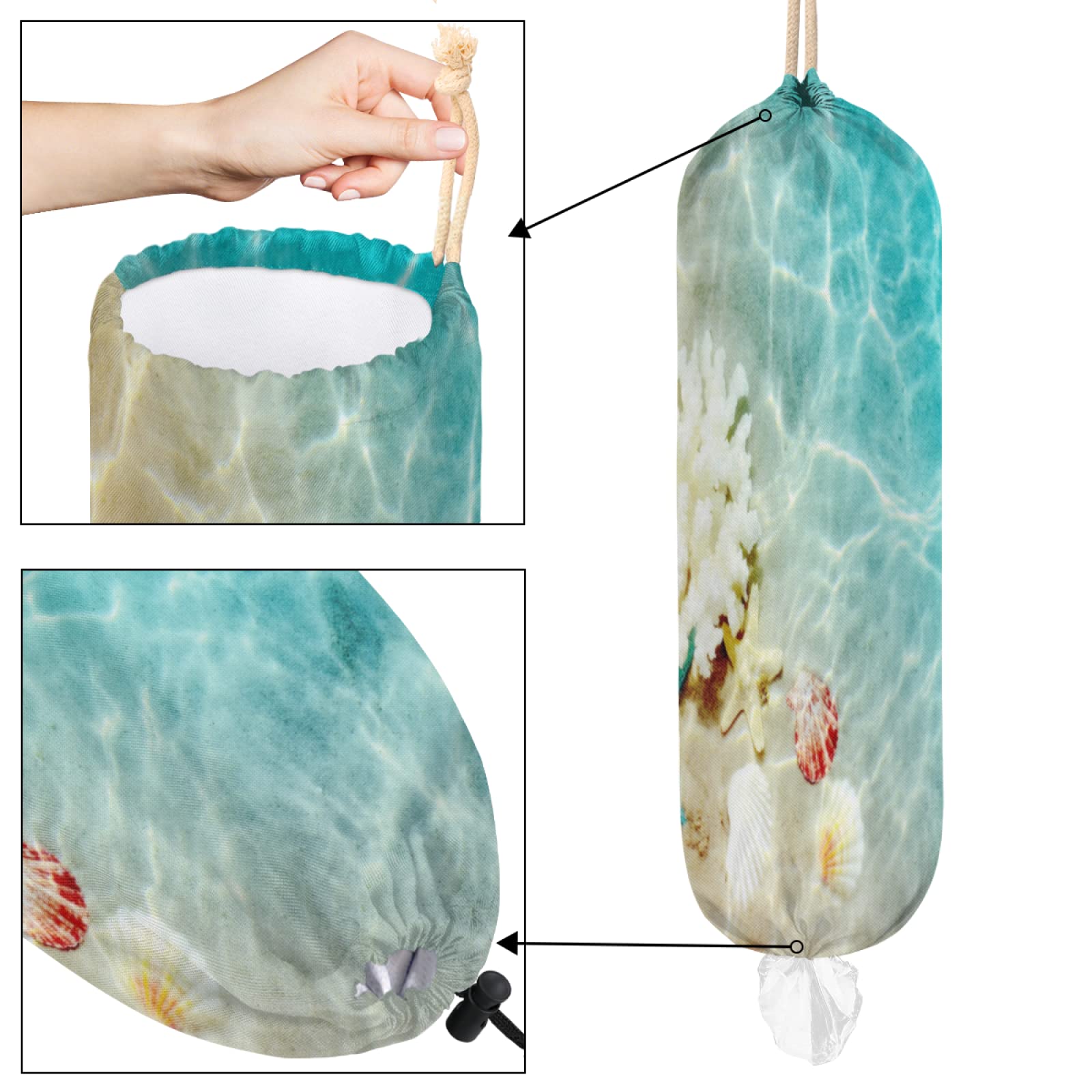 Summer Beach Plastic Bag Holder, Starfish Seashell Grocery Bag Storage Holder Hanging Garbage Shopping Bag Trash Bags Organizer for Kitchen Home