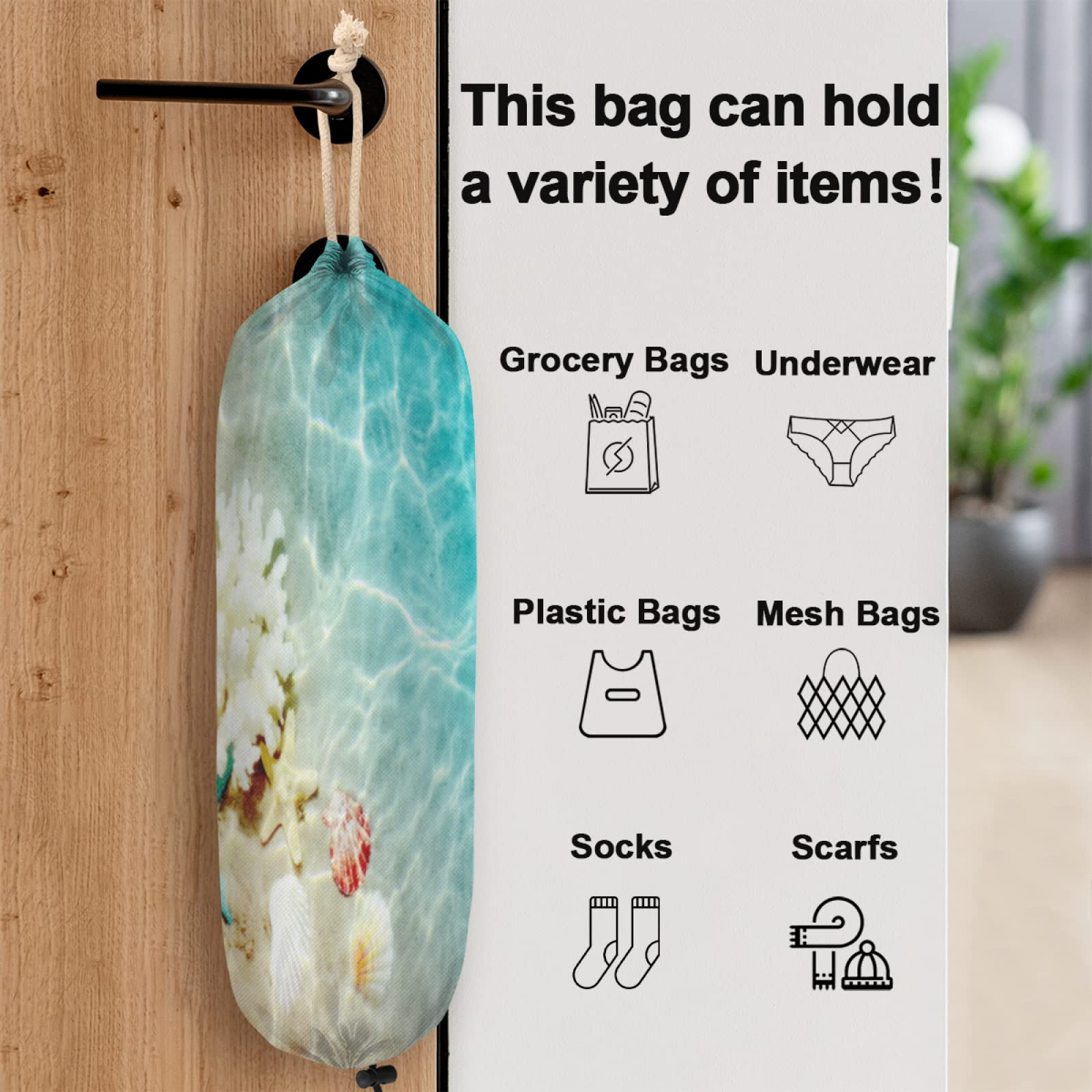 Summer Beach Plastic Bag Holder, Starfish Seashell Grocery Bag Storage Holder Hanging Garbage Shopping Bag Trash Bags Organizer for Kitchen Home