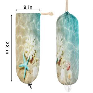 Summer Beach Plastic Bag Holder, Starfish Seashell Grocery Bag Storage Holder Hanging Garbage Shopping Bag Trash Bags Organizer for Kitchen Home