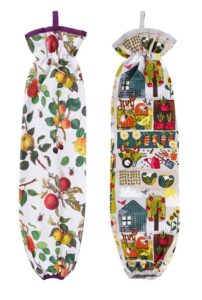 grocery plastic bag holder dispenser with decorative print on fabric | storage saver cloth sacks to recycle and reuse plastic bags | set of 2 hanging grocery bag keeper