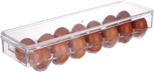 ybm home plastic egg holder for refrigerator - fridge egg storage bin with lid holds up to 14 eggs, clear