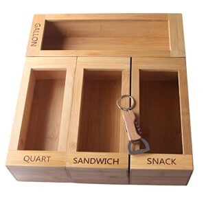 ziplock bag storage organizer for kitchen drawer, bamboo organizer, compatible with gallon, quart, sandwich and snack variety size, 1 box 4 slots (rectangle design & bottle opener)