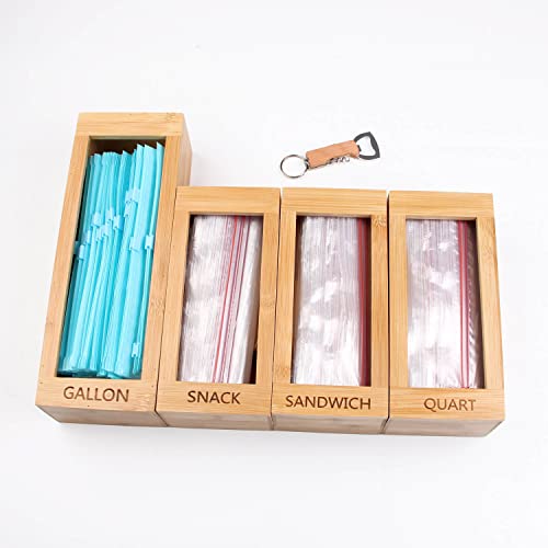 Ziplock Bag Storage Organizer for Kitchen Drawer, Bamboo Organizer, Compatible with Gallon, Quart, Sandwich and Snack Variety Size, 1 Box 4 Slots (Rectangle Design & Bottle Opener)