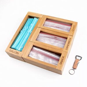 Ziplock Bag Storage Organizer for Kitchen Drawer, Bamboo Organizer, Compatible with Gallon, Quart, Sandwich and Snack Variety Size, 1 Box 4 Slots (Rectangle Design & Bottle Opener)